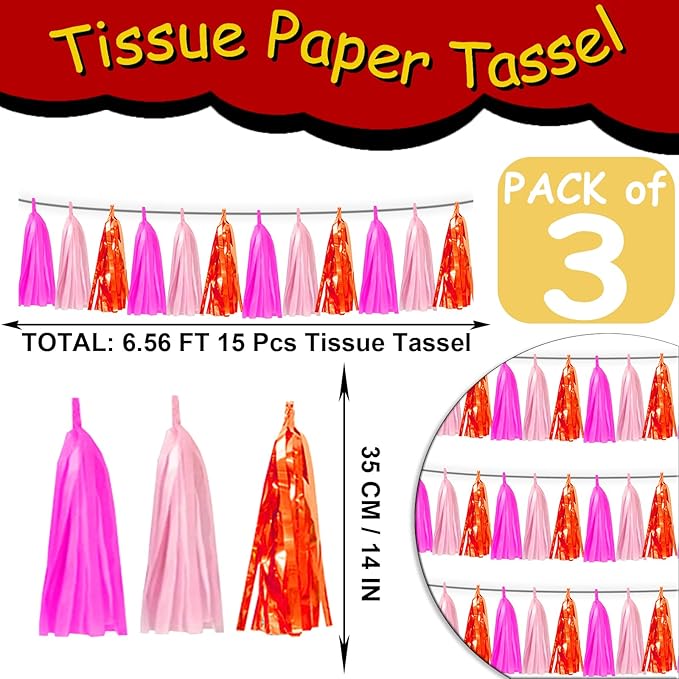 3P Hot Pink Orange LightPink Metallic Fringe Banner Garland Foil Tinsel - Image 2