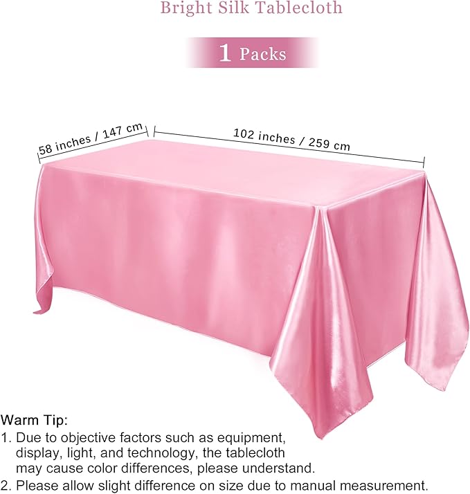 TURSTIN 1 Pack Pink Satin Tablecloth 102 x 58 Inch Overlay Satin Table Cover - Image 2