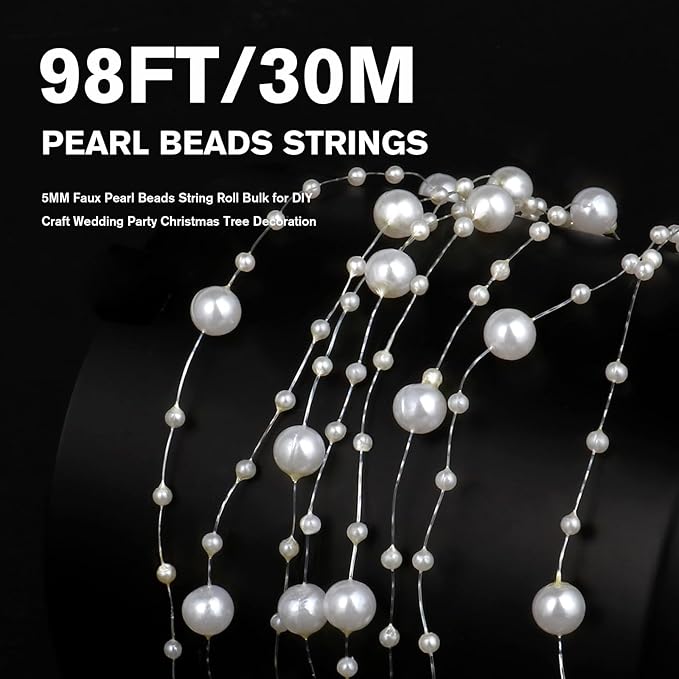 98FT Pearl Beads String Garland, 8mm 3mm Ivory Faux Pearl Beads Roll Strand Bulk - Image 2