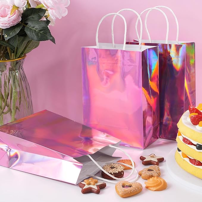 24 Pcs Iridescent Pink Gift Bags Decorations, Holographic Foil Party Favor Bags - Image 5