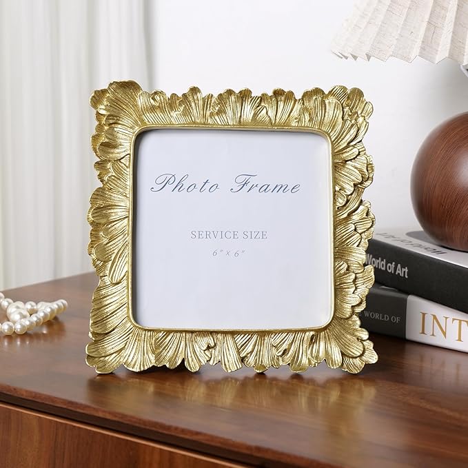 Cuspin 6x6 Gold Picture Frame, Vintage Gold Palm Leaves Textured Hand-Crafted - Image 2
