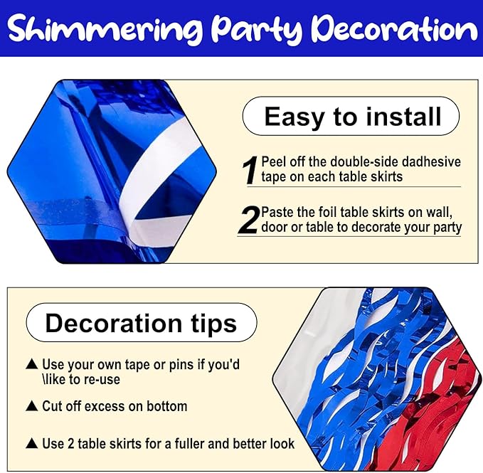 6 Pack 29 x108 Inch White Blue Red Wave Foil Fringe Table Skirts Metallic Banner - Image 3