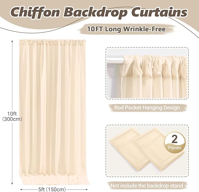 10ft x 10ft Champagne Backdrop Curtains, Wrinkle-Free Sheer Chiffon Fabric - Image 3