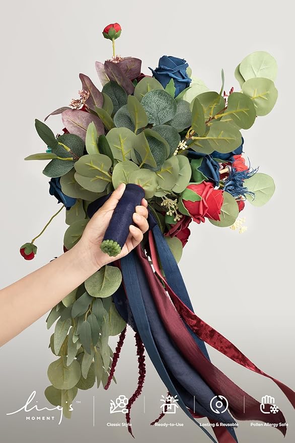 Ling's moment Navy Blue Burgandy Bridal Bouquet Cascading, Jewel Tone Wedding - Image 2