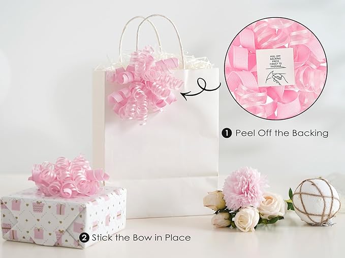 HUIHUANG Pink Gift Bows Self-Adhesive Curly Ribbon Bow 5 inch x 8 Counts Light - Image 3