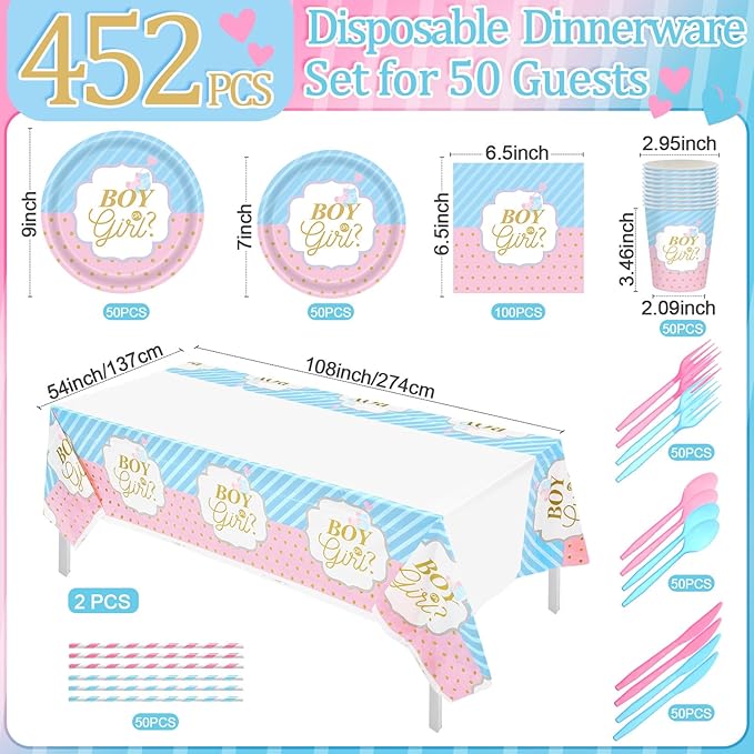 452 Pcs Gender Reveal Party Decorations Include Boy or Girl Paper Plates - Image 3