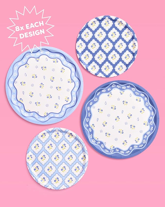 xo, Fetti Blue Coastal Paper Plates | 32 pcs, 2 sizes | Nautical Bachelorette - Image 3