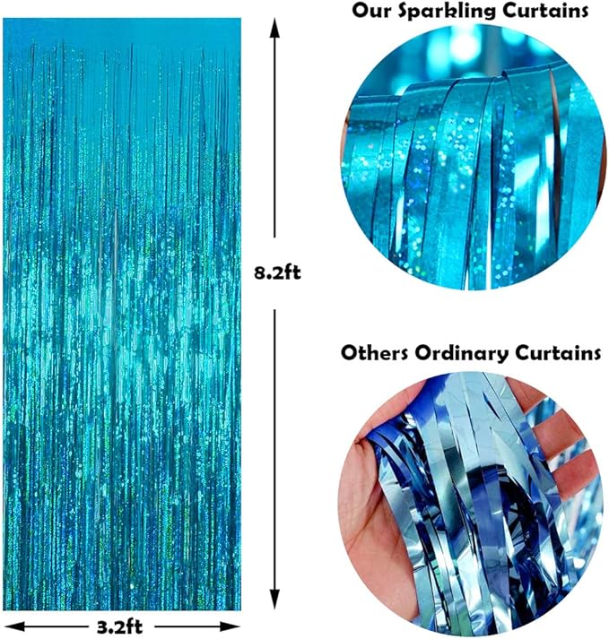 Melsan 2 Pack 3.2 ft x 8.2 ft Teal Tinsel Foil Fringe Curtains Backdrop - Image 4