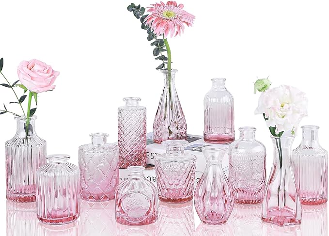Pink Glass Bud Vases Set of 12, Mini Flower Vase by UPBUD