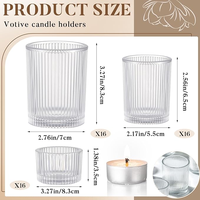 Mumufy 48 Pcs Assorted Votive Candle Holders Ribbed Glass Tealight Candle - Image 2