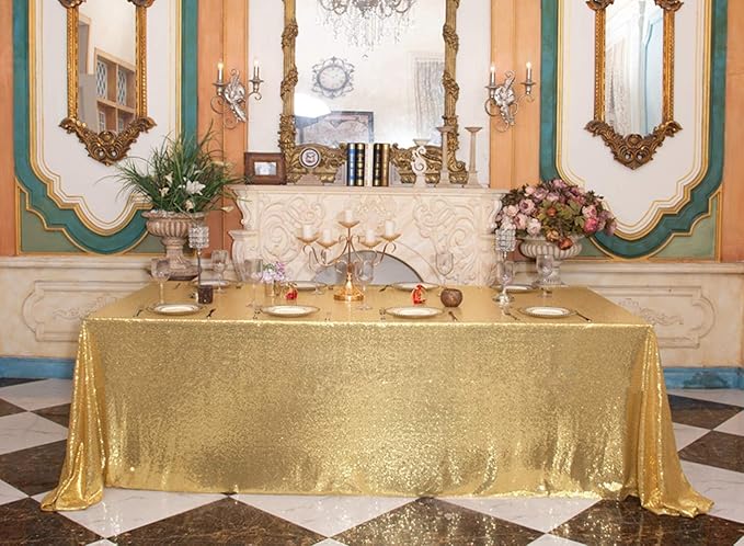 SquarePie Sequin Tablecloth 90 x 156 Inch Gold Sparkly Table Linen - Image 5
