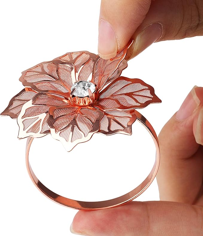 KPOSIYA Flower Napkin Rings Holder Metal Rose Gold Napkin Rings Set of 6 - Image 4