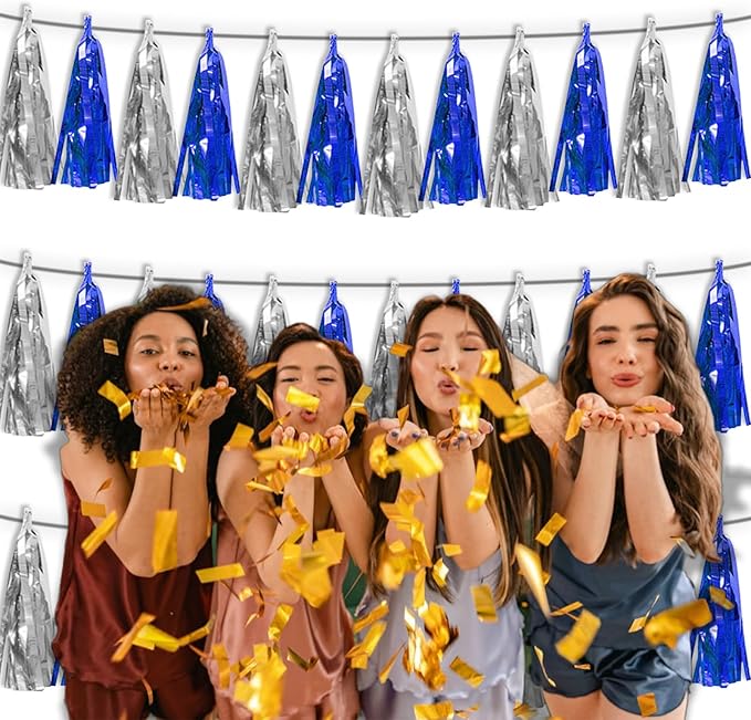 3P Navy-Blue Silver Metallic Fringe Tassel Banner Garland Foil Tinsel Streamer - Image 6