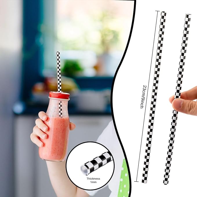 Domensi 50 Pcs Black and White Checkered Racing Straws Plastic Disposable - Image 3