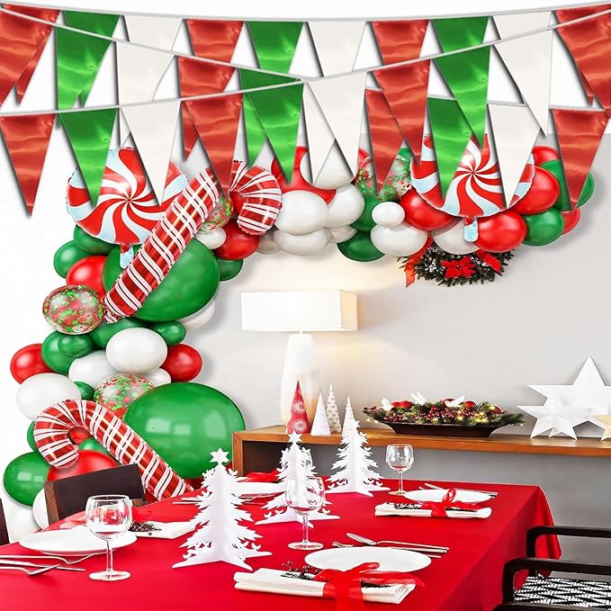 20M/65FT White Green Red Triangle Pennant Banner Flag Metallic Fabric Bunting - Image 3