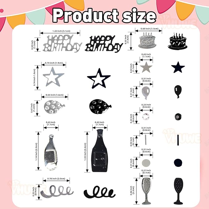 VHUWE Happy Birthday Confetti, 1.6 oz Black Silver Cake Balloon Star Goblet - Image 2