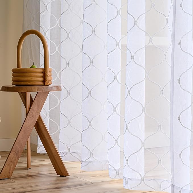 MYSTIC-HOME Embroidery White Sheer Curtains 84 Inches Long, Rod Pocket Sheer - Image 5