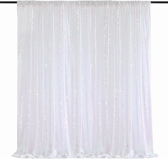 8ft x 8ft White Iridescent Sequin Backdrop Curtain Sparkly Background Drapes by QueenDream