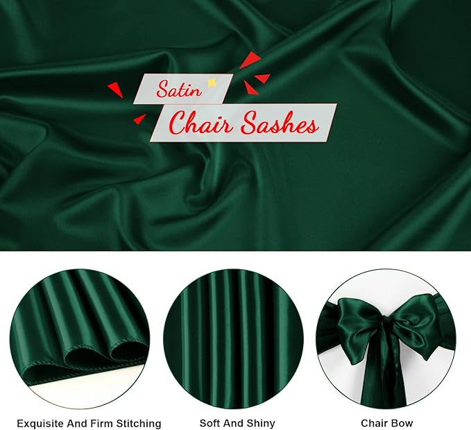 50 PCS Forest Green Satin Chair Sashes Bows Universal Chair Ribbon Ties Back - Image 3