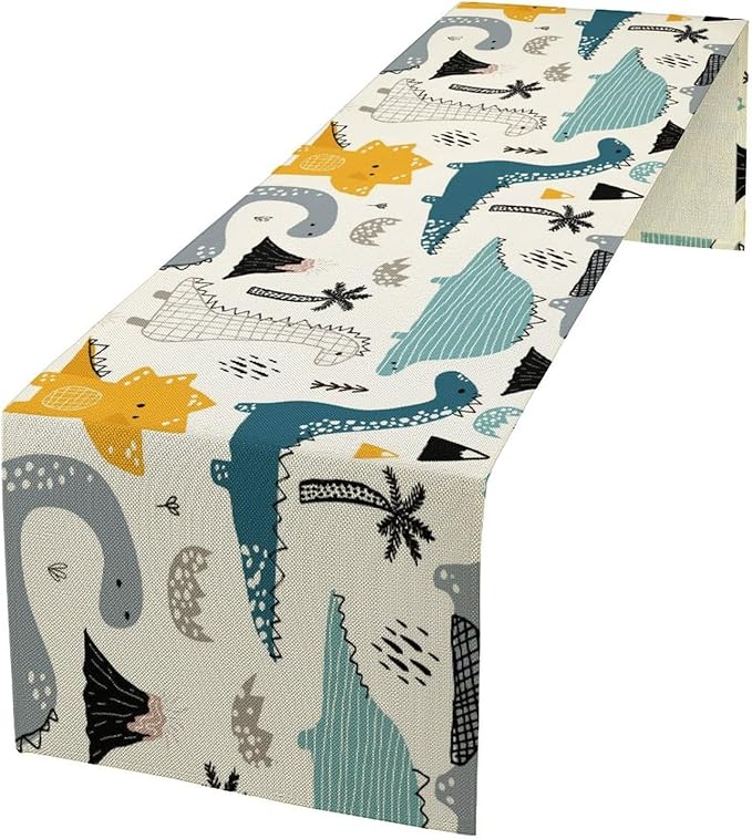 Cartoon Dinosaur Table Runner, Kids Boys Cute Various Dino Moutain Modern by Kurtect