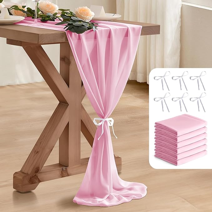 6 Pack 10 Ft Chiffon Table Runner Light Pink Gauze Long Table Runners 27x120 by BEELIFY