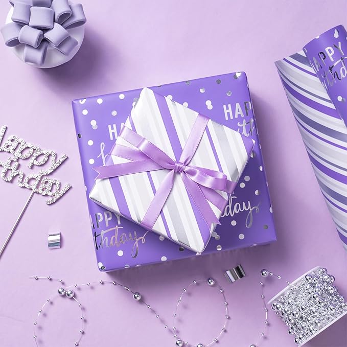 LeZakaa Reversible Purple Birthday Wrapping Paper Roll - Image 2