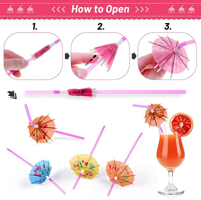 Paxcoo 50pc Umbrella Straws for Cocktails, Tropical Hawaiian Luau Party - Image 5
