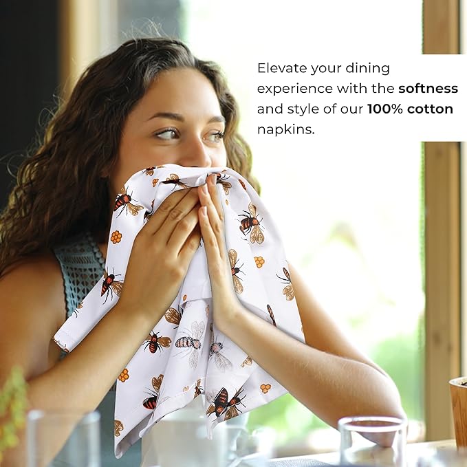 Urban Villa Dinner Napkins Honey Bee Print Cloth Napkins Oversized 20x20 Inches - Image 5