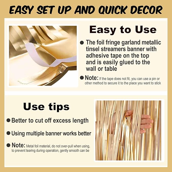 6 Pack 10 Ft Champagne Gold Foil Fringe Garland Metallic Streamers Tinsel - Image 3
