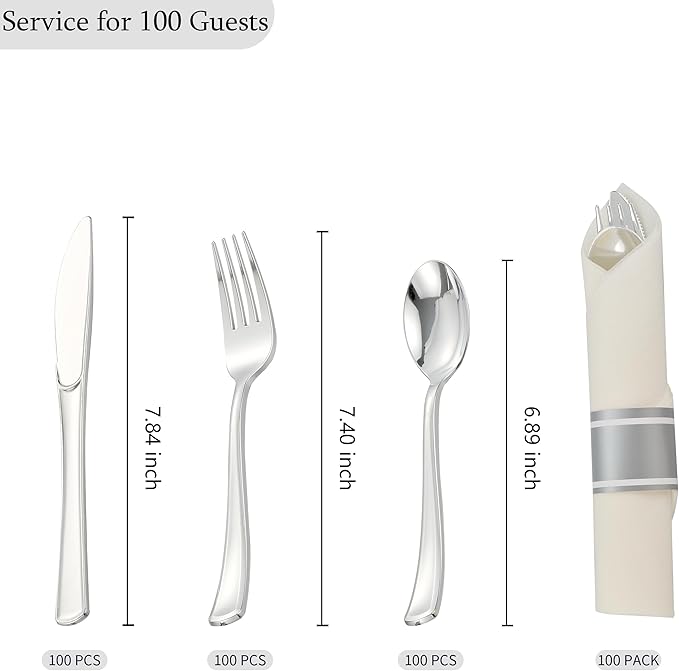 100 Pack Pre Rolled Silver Plastic Silverware Set - Image 3