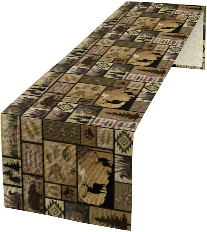 Vintage Deer Bear Table Runner, Fish Retro Farmhouse Cabin Lake Country Lodge by ShiTingYu