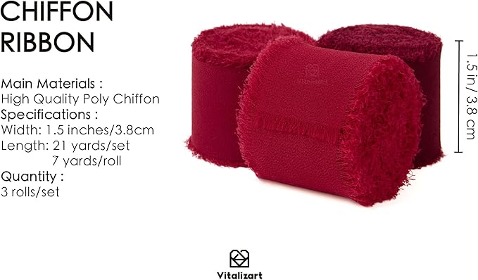 Vitalizart Red Handmade Chiffon Silk Ribbon Fringe 1.5" x 21 Yd Burgundy Frayed - Image 2