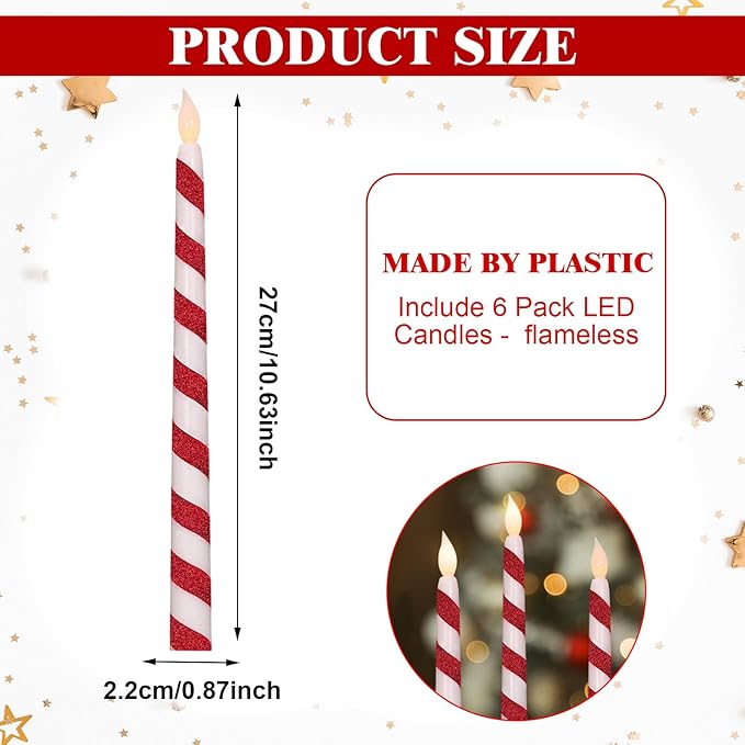 Baquler 6 Pcs Christmas Flameless Taper Candles 10.6 Inch Glitter Candy Cane - Image 3