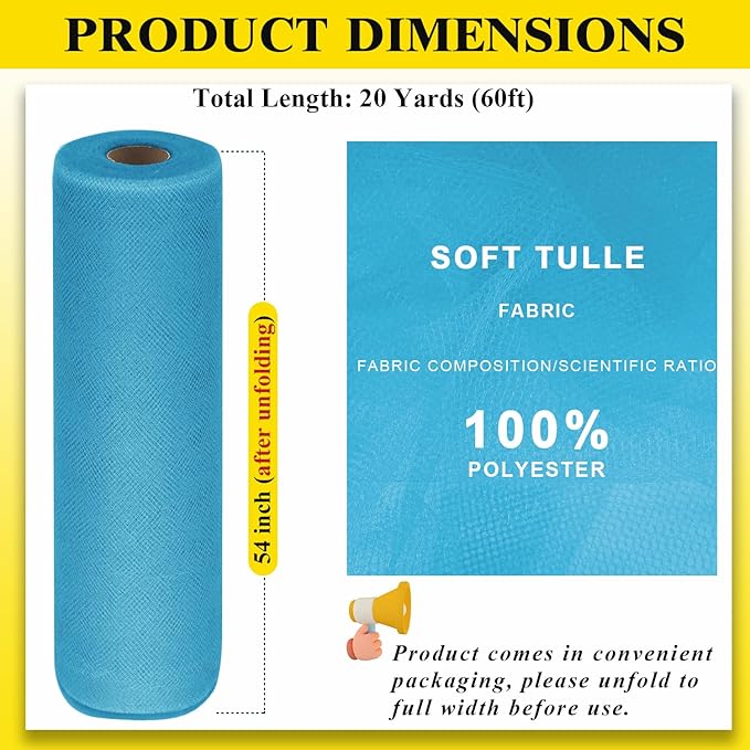 54" by 20 Yards Tulle Fabric Rolls Turquoise Tulle Ribbon Tutu Spool Bolt - Image 3