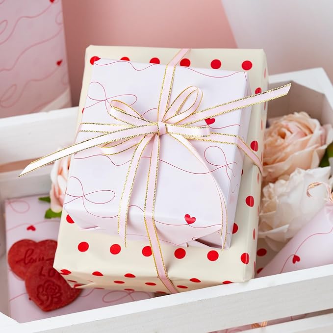 Flyhill Polka Dot Wrapping Paper, Reversible Pink Beige Elegant Heart & Bow - Image 4