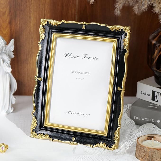 Cuspin 4x6 Picture Frame Black and Gold Vintage Frame, Ornate Textured - Image 3