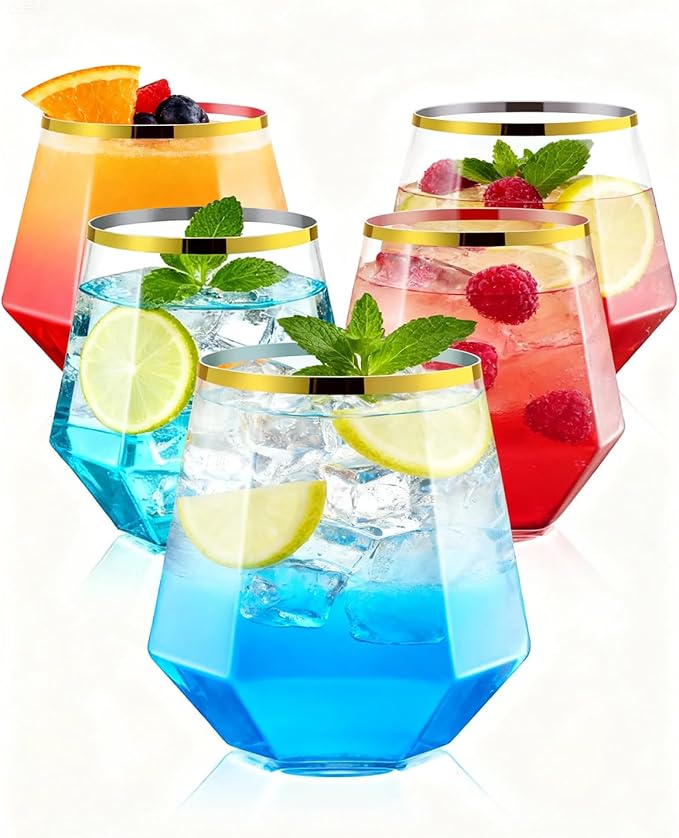 40 PCS Clear & Gold Rim 12 Oz Plastic Wine Whiskey Glasses, Diamond Stemless by BESTSTAR