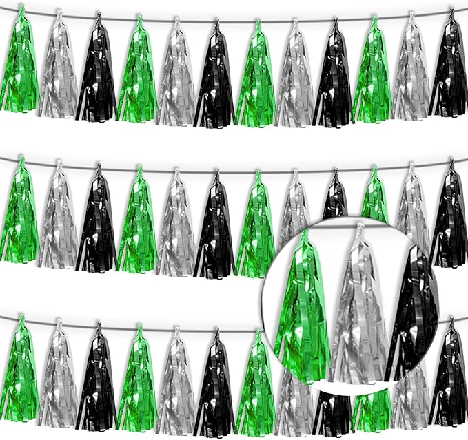 3P Black Silver Green Metallic Fringe Tassel Banner Garland Foil Tinsel by Xuuf