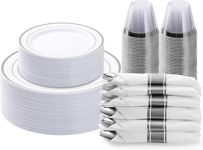 BESTVIP 175PCS Silver Plastic Dinnerware Set, Disposable Party Plates by Bestvip