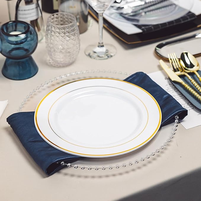 N9R 100PCS Gold Plastic Plates, 10.25 inch White Disposable Dinner Plate - Image 5