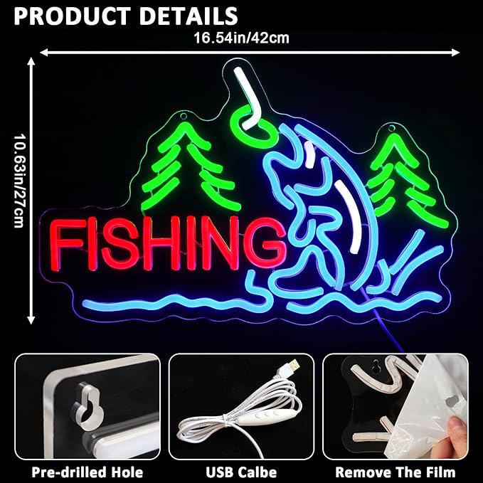 Fishing Neon Sign for Wall Decor, Fish Led Signs for Room, USB Dimmable Neon - Image 2