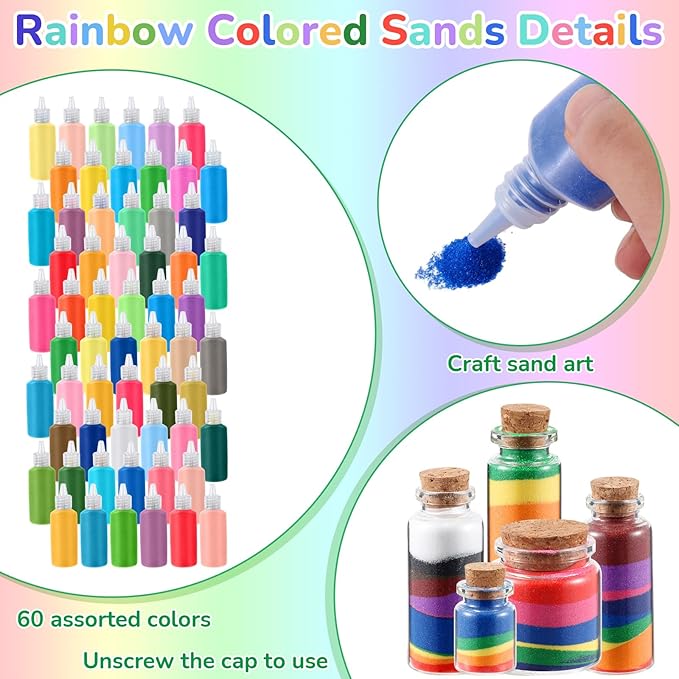 Wettarn 120 Pcs 1.25 oz Sand Art Bottle Kits 60 Colors of Sand and Bottle - Image 3