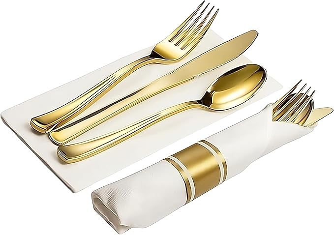 Neatiffy 50 Pack Gold Plastic Silverware Set, Pre Rolled Napkin and Cutlery Set - Image 7