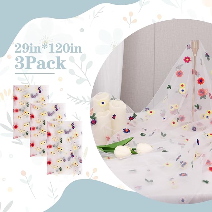 3PCS Lvory Floral Table Runner 10 FT, Embroidery Daisy Table Runners Seasonal - Image 2