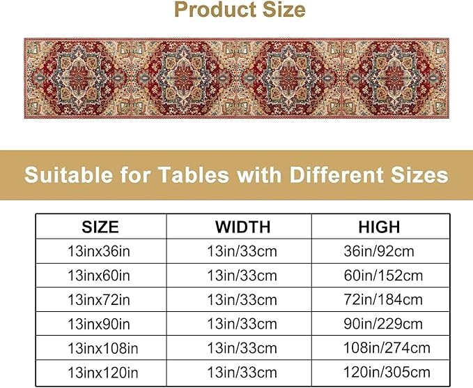 Boho Bohemia Style Table Runner, Vintage Red Brown Retro Flower Rustic Country - Image 2