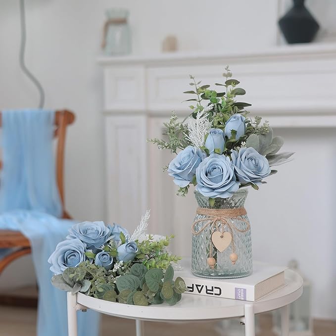 Faux Flowers with Vase, Artificial Silk Roses in Vase, Fake Plant Eucalyptus - Image 7