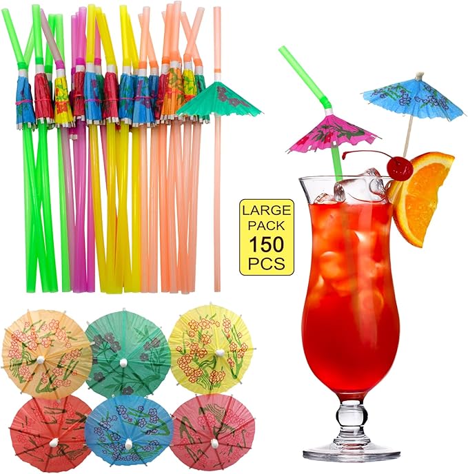 BLUE TOP Umbrella Parasol Cocktail Picks &Cocktail Straws Set- Umbrella Drink by BLUETOP