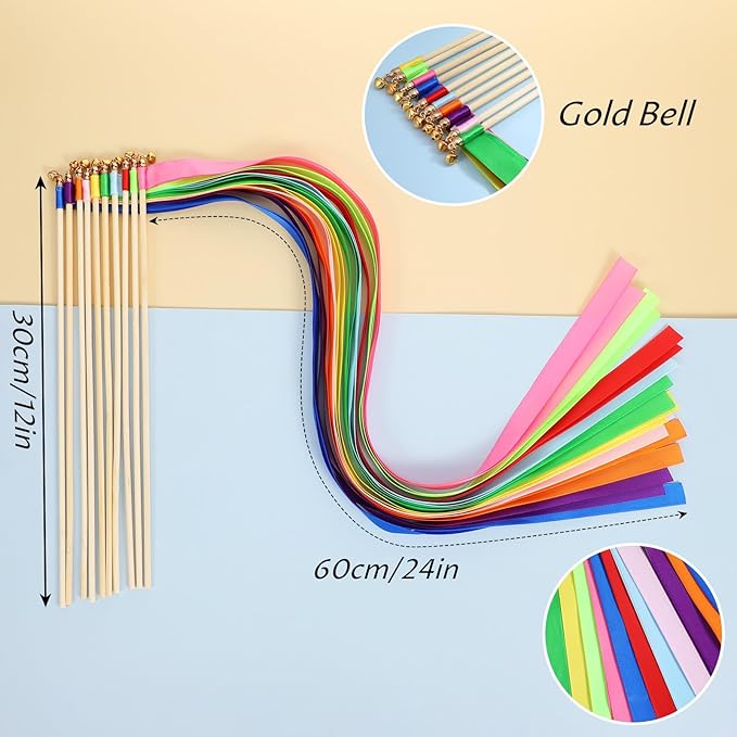100Pcs Multi-Color Ribbon with Gold Bell, Fairy Wands Chromatic Silk Wish Wand - Image 3