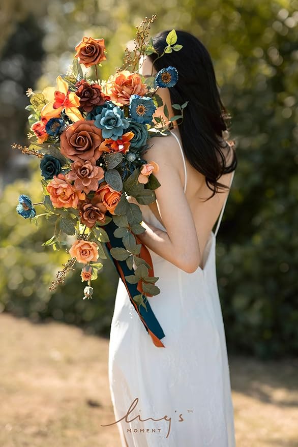 Ling's moment Teal Bridal Bouquet Cascading, Burnt Orange Wedding Bouquets - Image 3