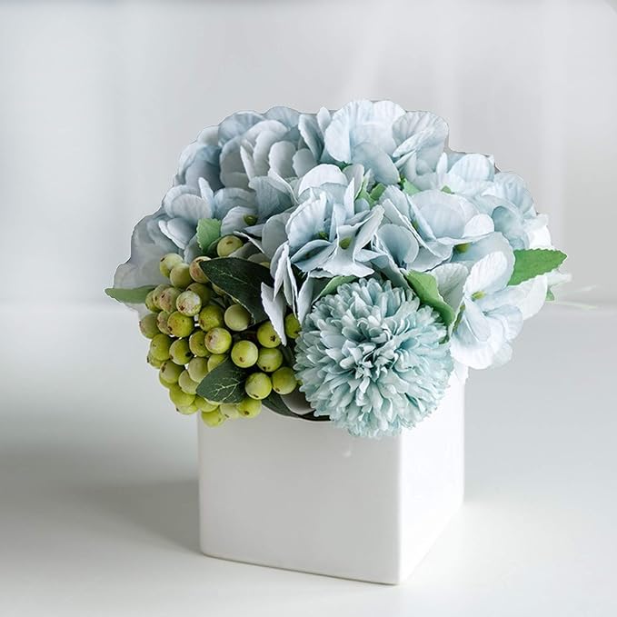 LADADA Fake Flowers in Ceramic Vase, Faux Hydrangea Flower Arrangements by LADADA